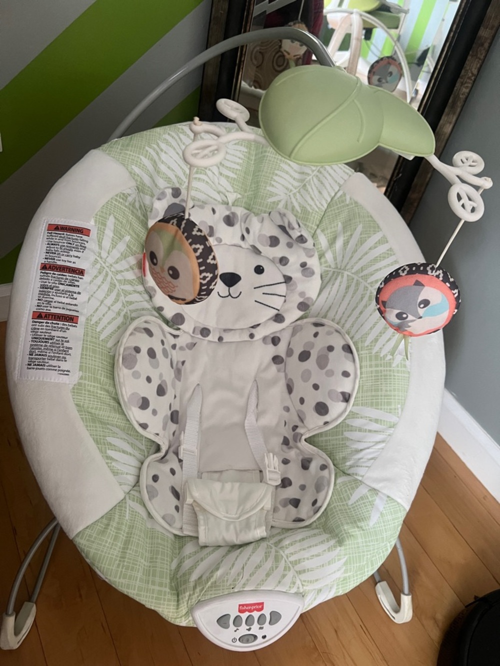Fisher-Price Light Green Leaf Print Infant Bouncer with Animal Toys